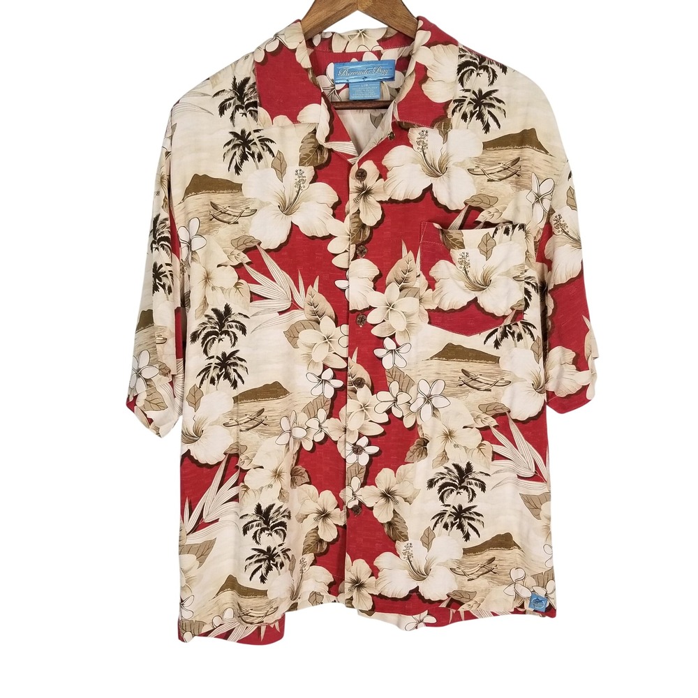 Bermuda‎ Bay Mens Large 100% Silk Hawaiian Shirt Red Tropical Floral Hibiscus